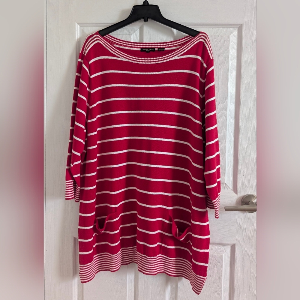 Jeanne Pierre 100% Cotton Red White Striped Tunic Sweater Pockets 3X